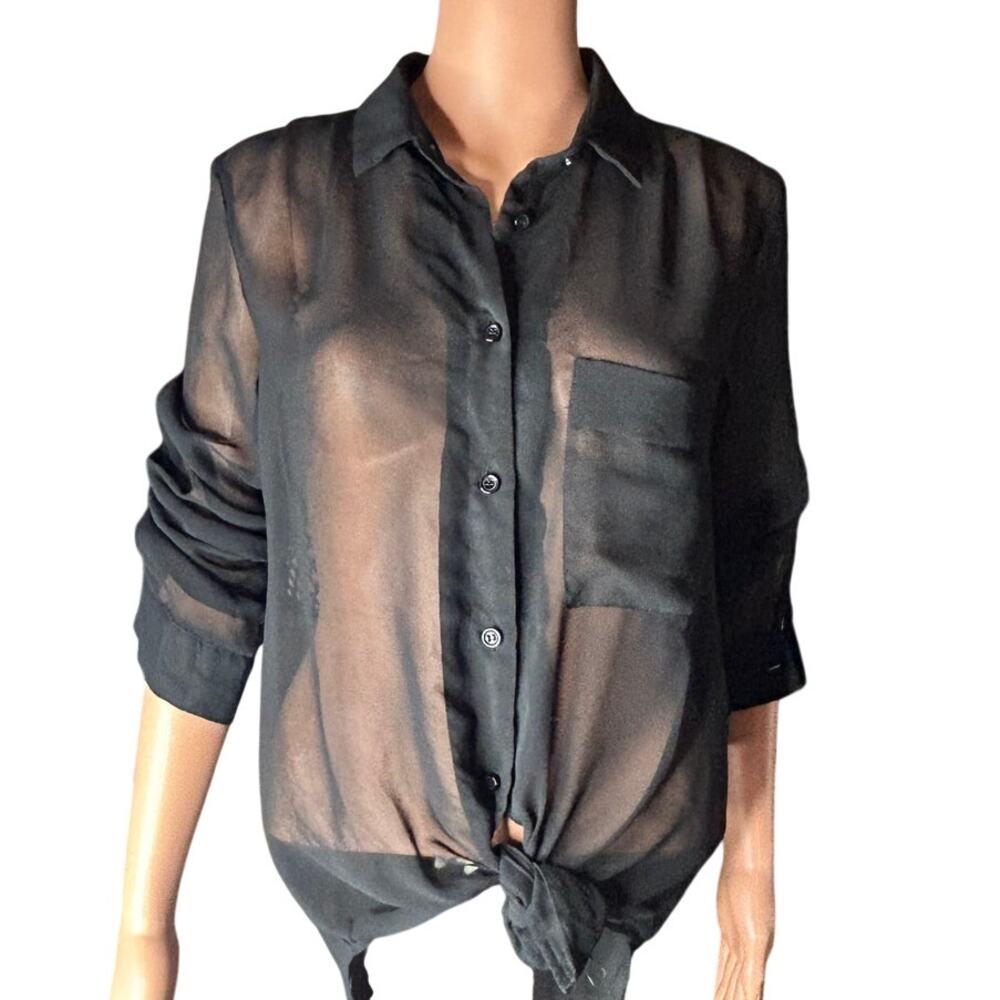 Cecio black sheer button up classic collar long sleeve blouse size Small